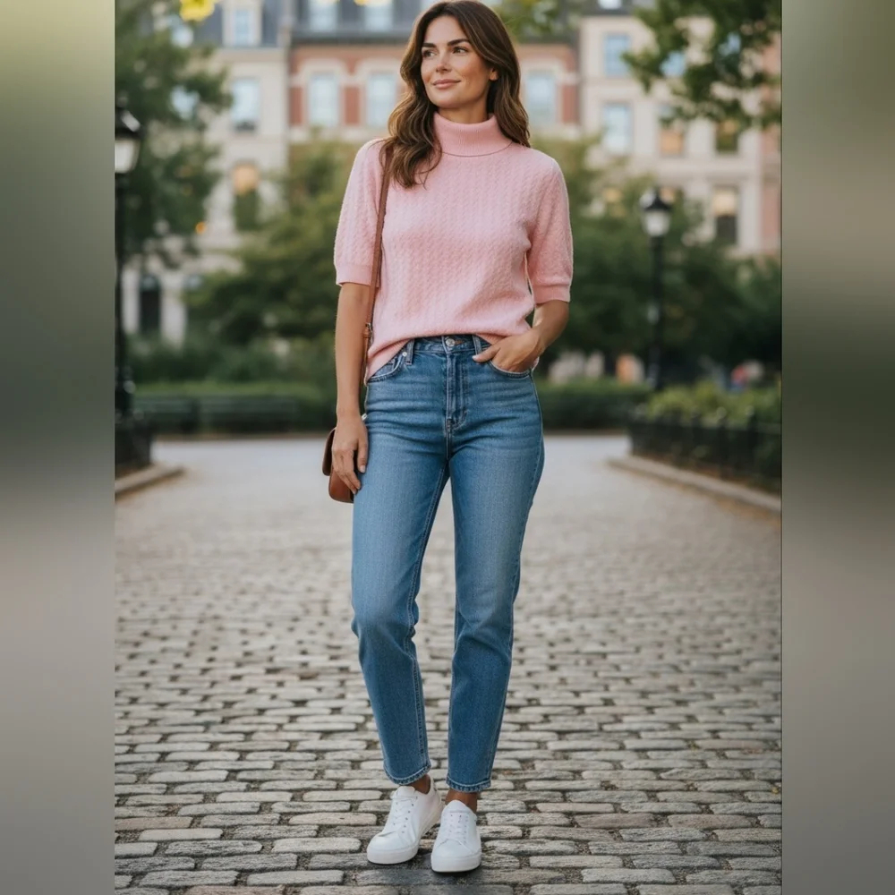 100%Pure Cashmere Light Pink Crop Top Sweater Turtleneck Textured Spring Luxury